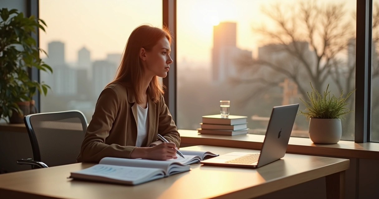 Profissional sentado em frente à janela planejando metas alinhadas ao propósito pessoal 