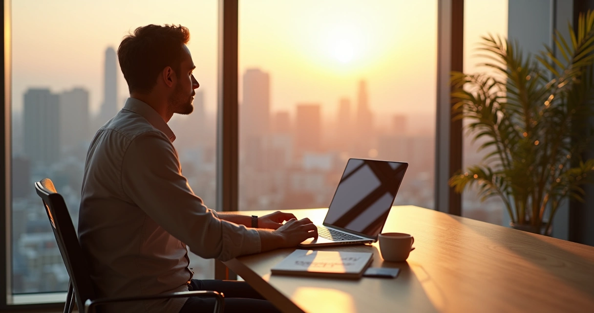 Profissional em escritório moderno olhando pela janela refletindo sobre propósito no trabalho 