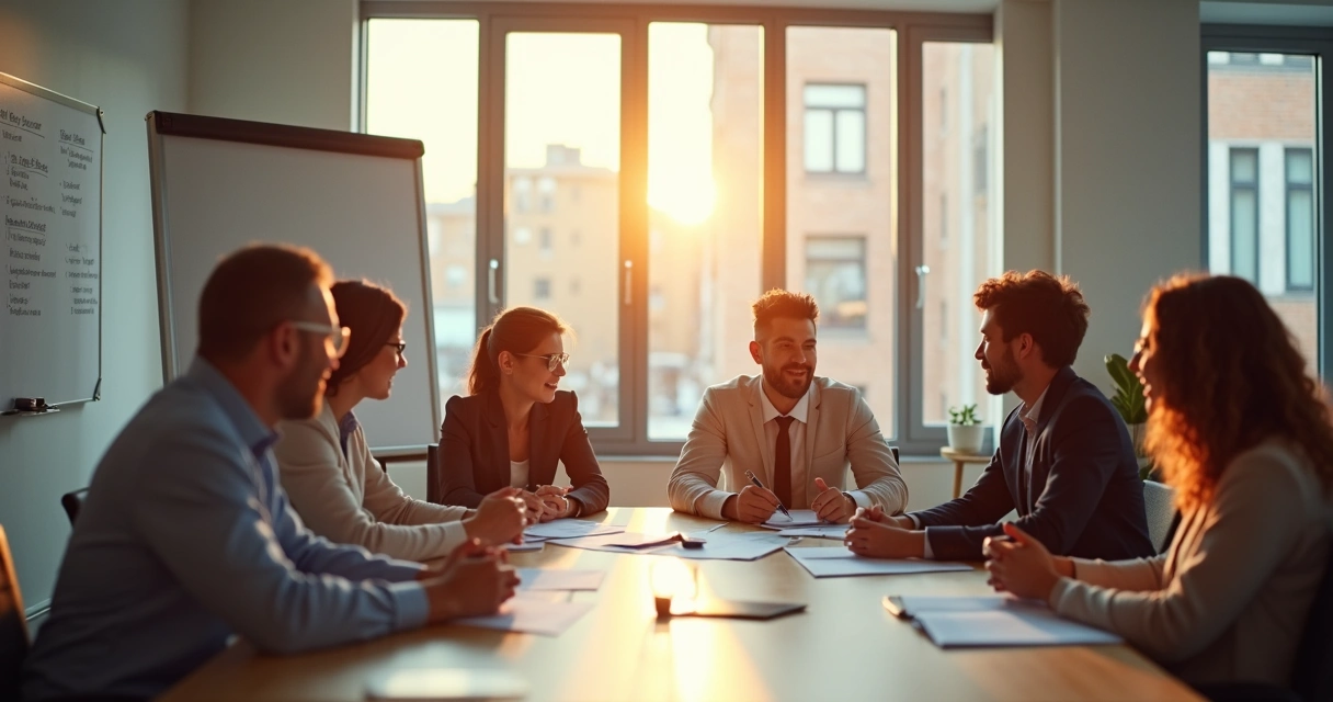 Equipe reunida em reunião alinhando valores organizacionais e pessoais 