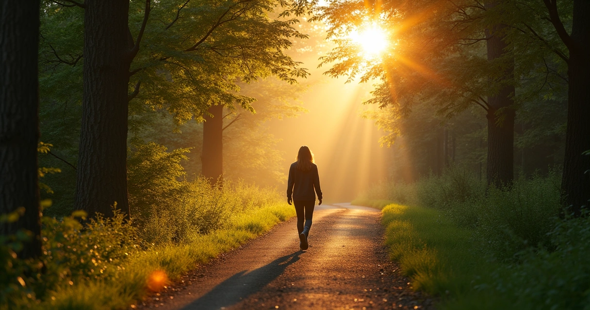 Persona caminando en un sendero, rodeada de naturaleza, simbolizando el viaje interior 