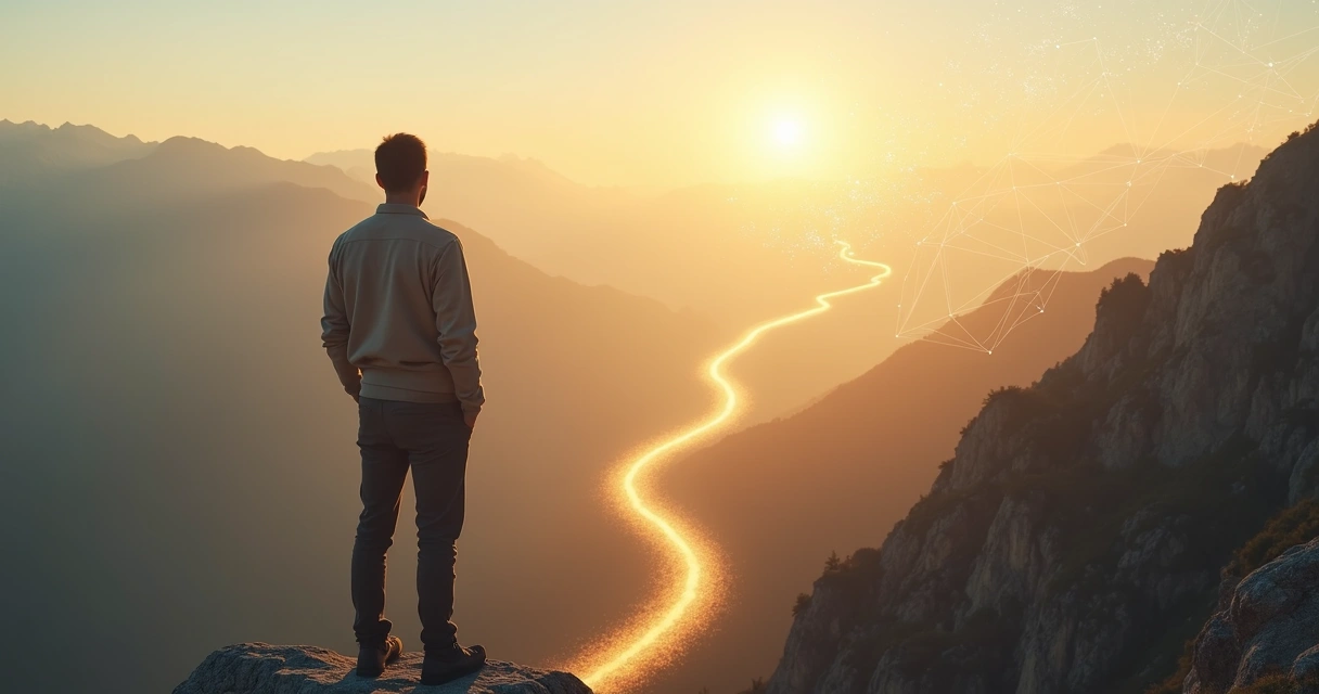 Persona en la cima de una montaña contemplando un camino luminoso al horizonte 