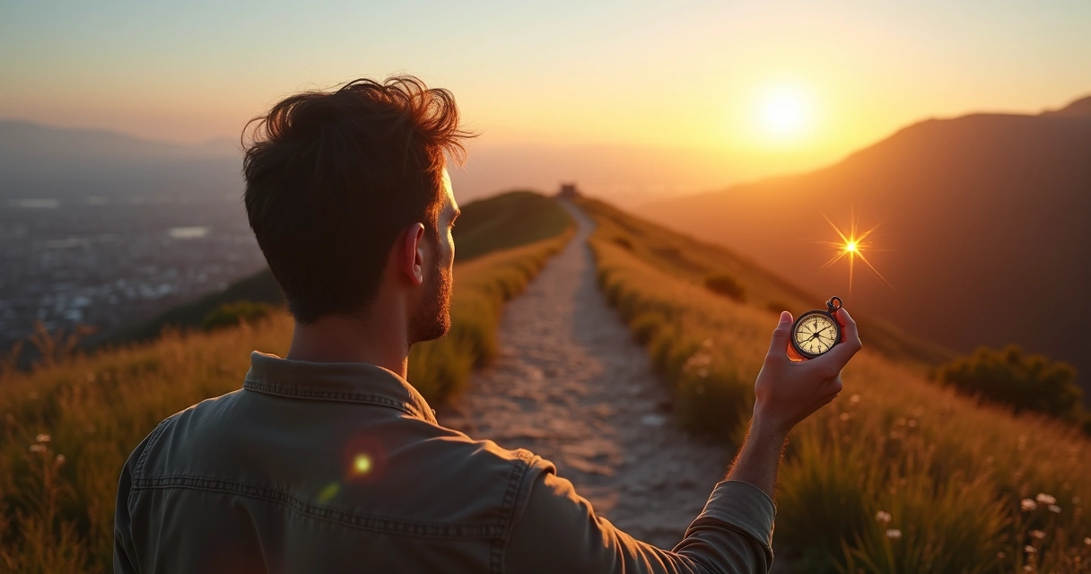 Persona en una encrucijada eligiendo camino iluminado por una brújula interior 