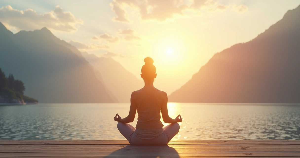 Persona meditando al amanecer con camino luminoso alineado al corazón 