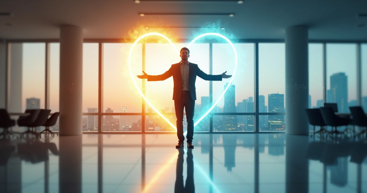 Profissional em pé entre silhuetas de pessoas e prédios conectando propósito pessoal e impacto organizacional 