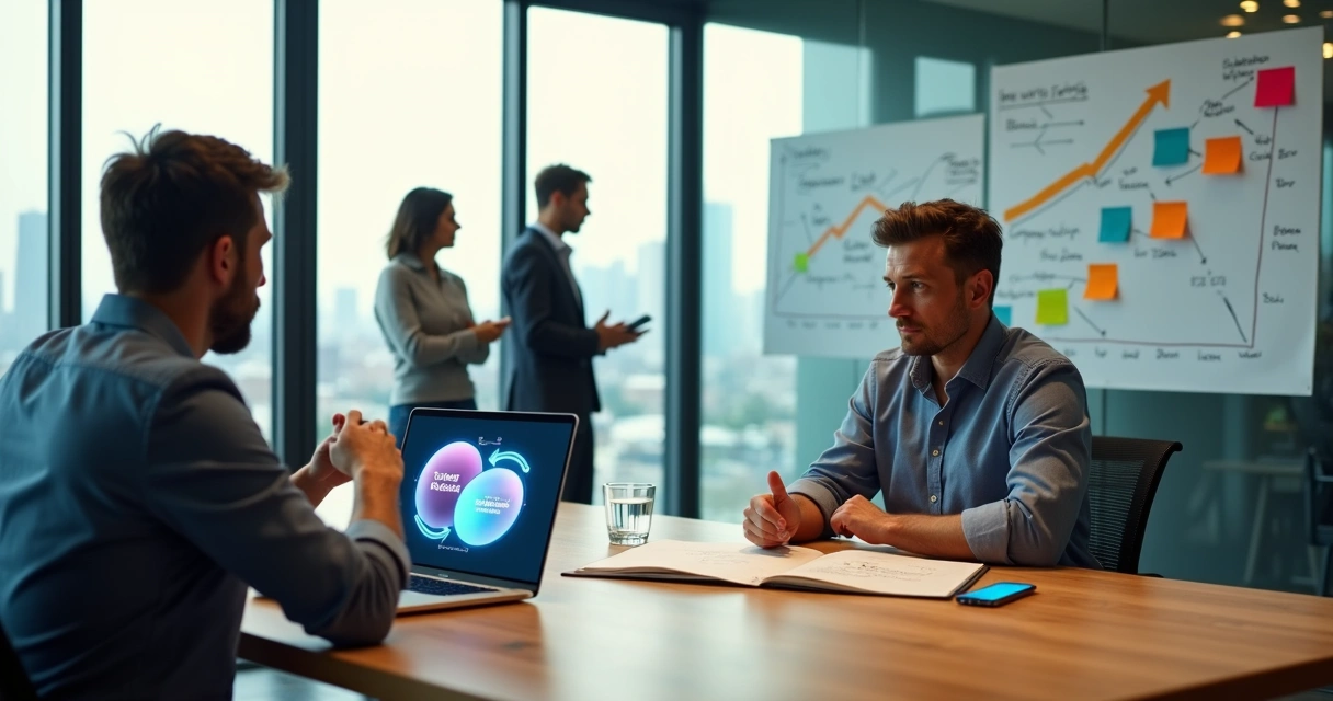 Líder e profissional alinhando propósito pessoal e metas da empresa em sala de reunião moderna 