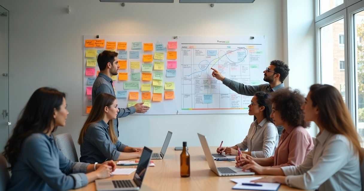 Equipe reunida alinhando propósito pessoal com metas em quadro de planejamento 