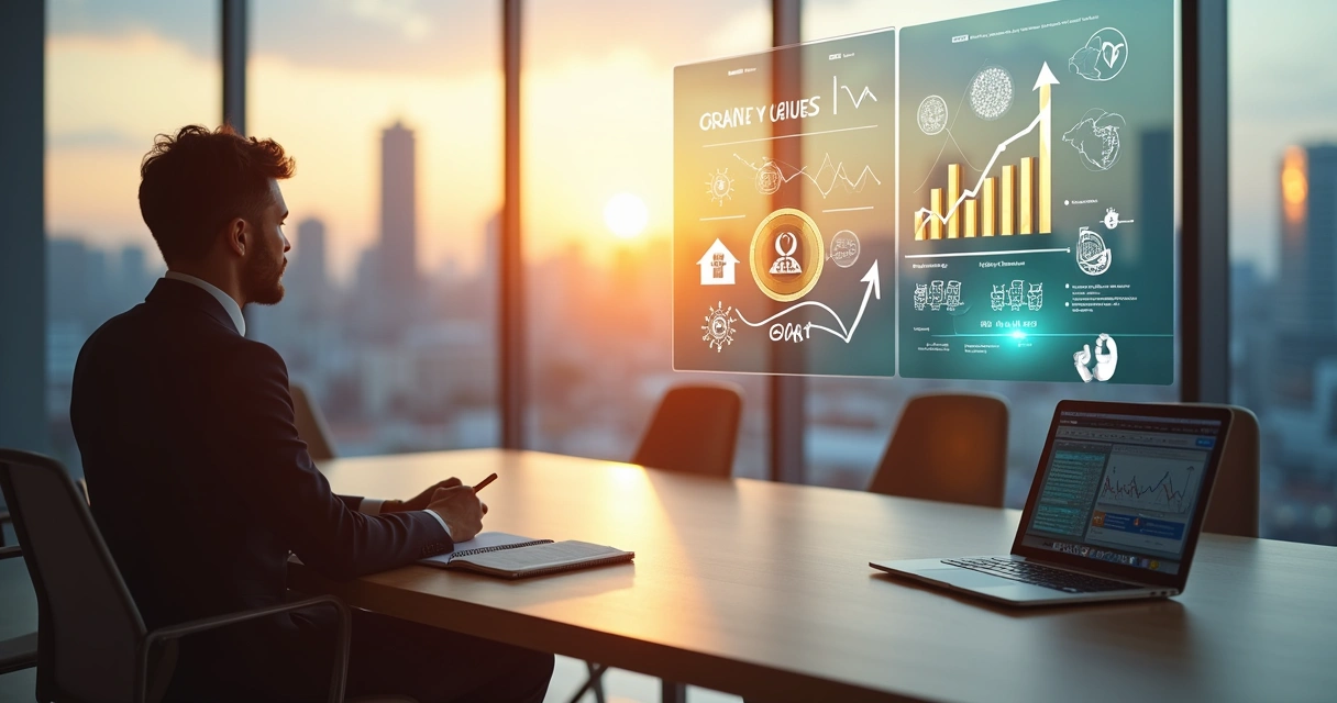 Profissional em mesa de reunião conectando propósito pessoal às metas da empresa em um painel de gráficos 