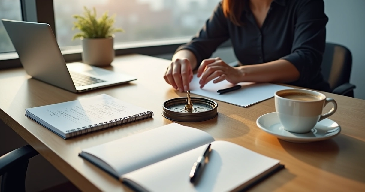 Profissional ajustando bússola sobre mesa de trabalho com caderno e laptop 