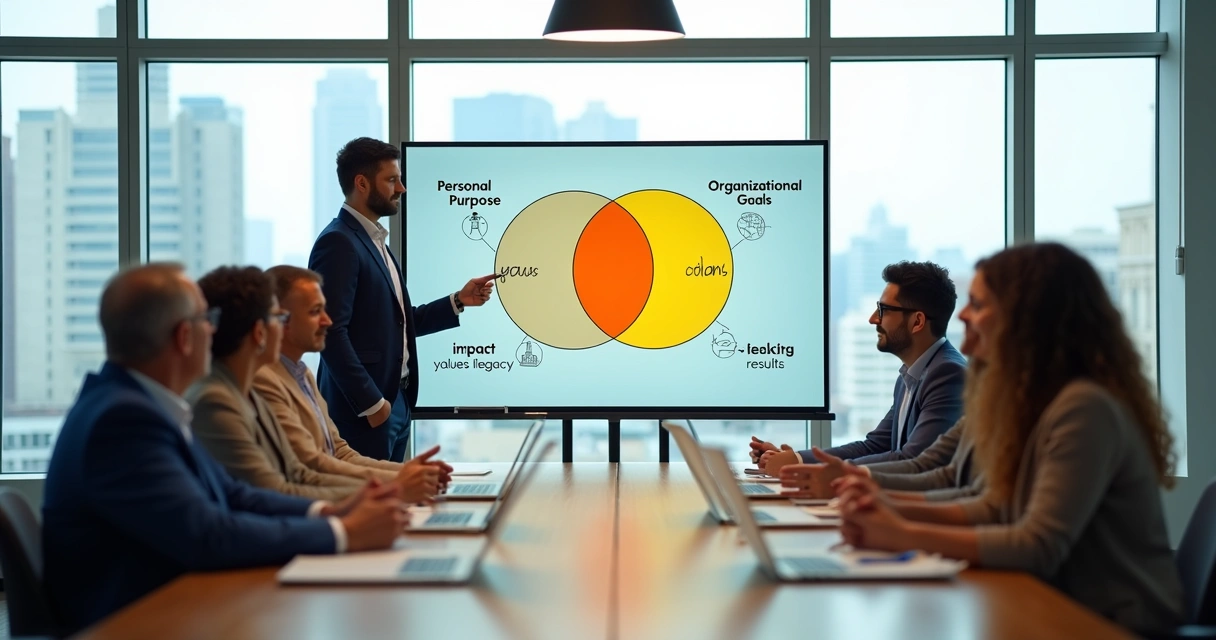 Profissional em reunião apontando para interseção entre propósito pessoal e metas da empresa em quadro branco 