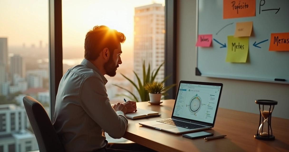 Profissional em mesa de trabalho alinhando propósito pessoal e metas de carreira 