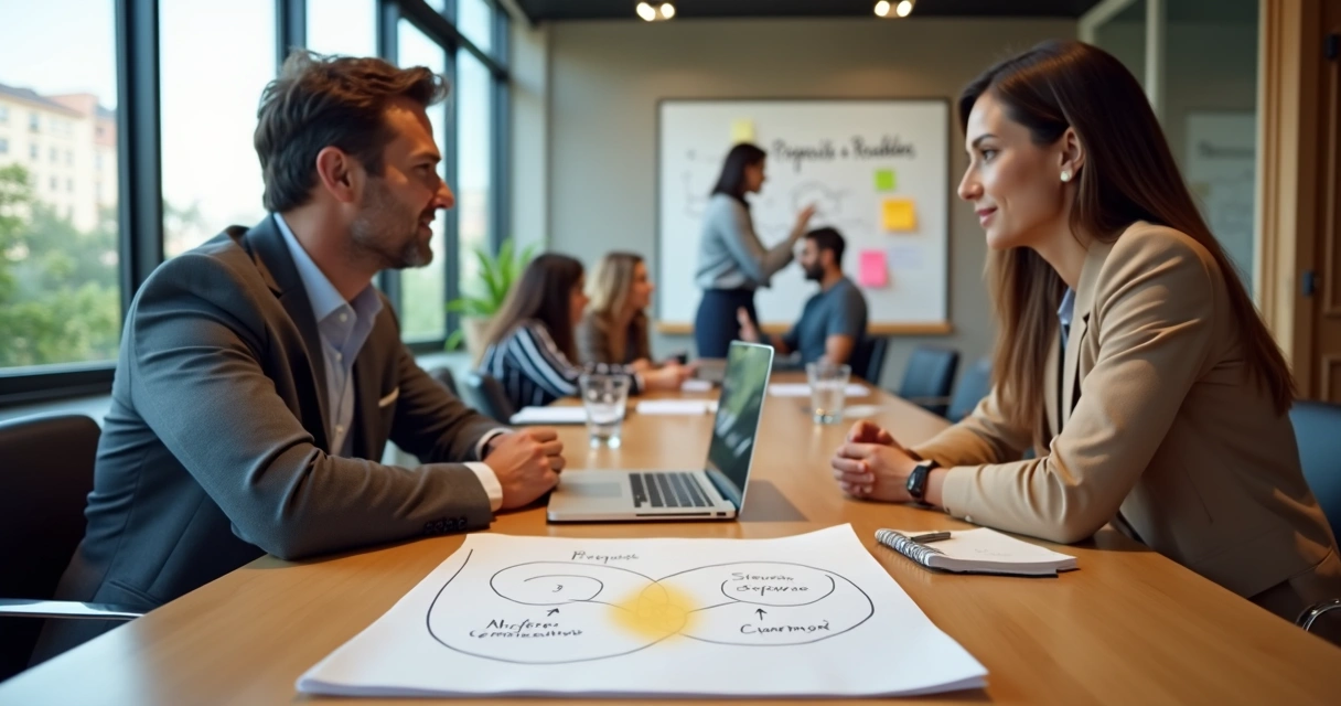 Líder e profissional alinhando objetivos pessoais e organizacionais em reunião colaborativa 