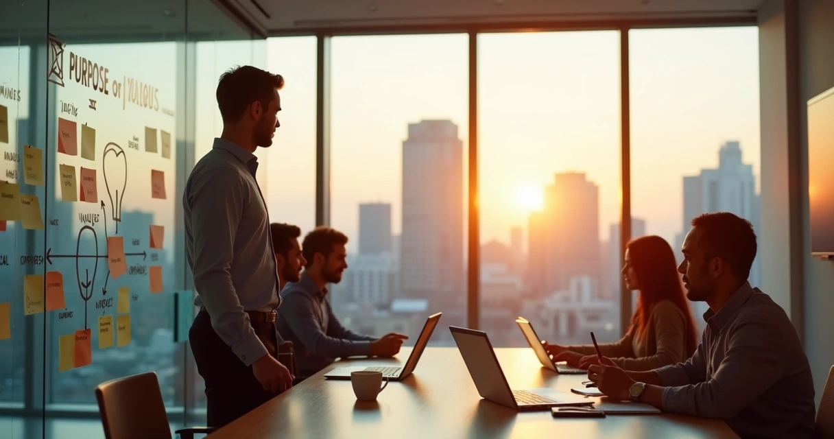 Profissional em sala de reunião alinhando propósito pessoal com valores da empresa 