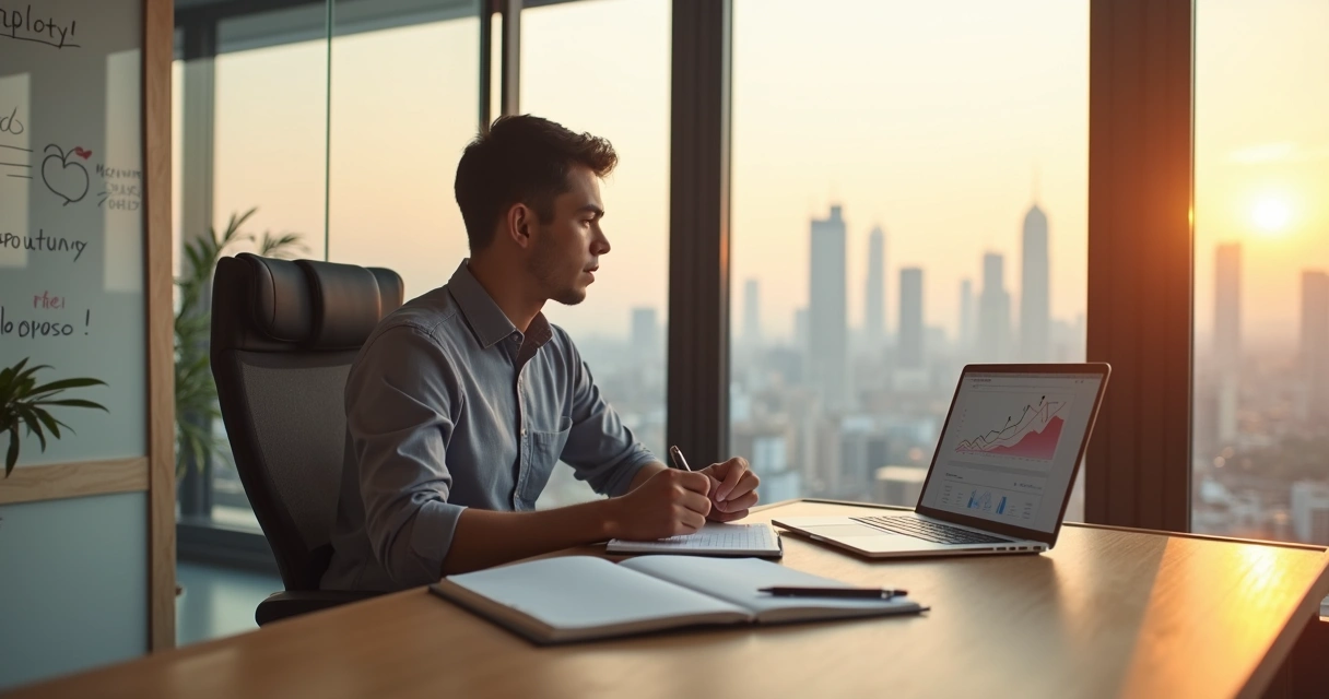 Profissional em escritório moderno alinhando propósito e produtividade diante de janelas com cidade ao fundo 