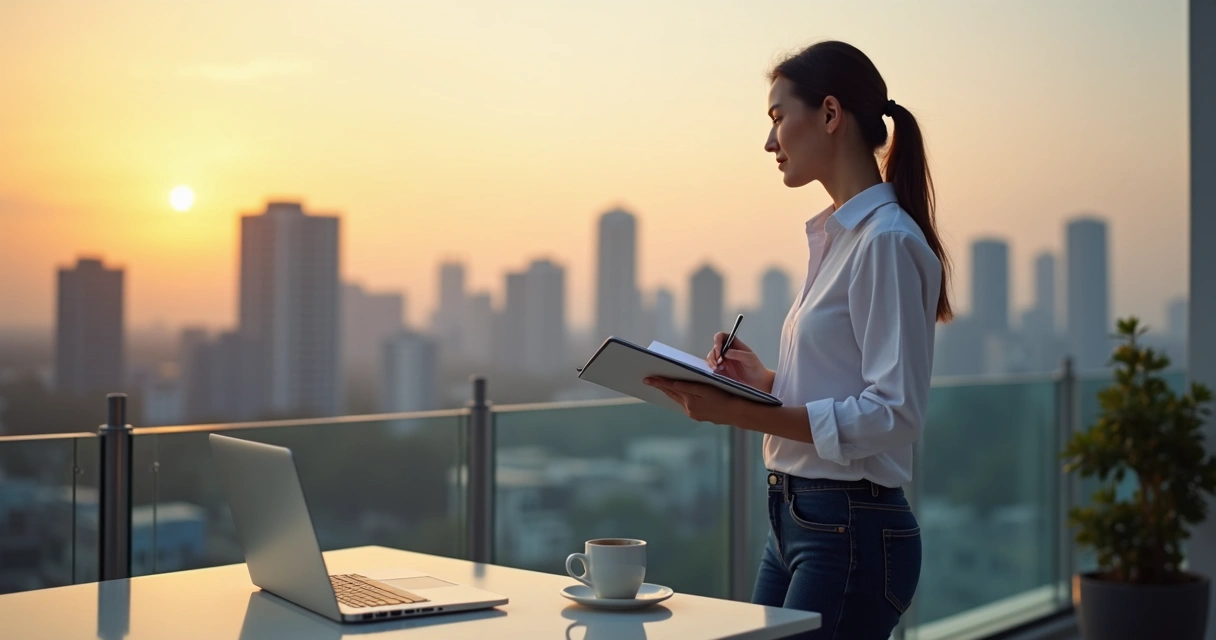 Profissional olhando horizonte urbano ao pôr do sol segurando caderno de anotações 