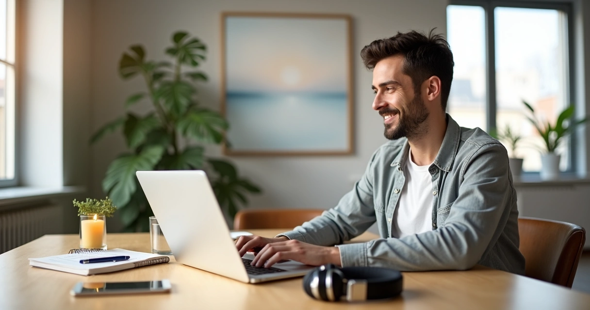 Profissional sentado em escritório moderno equilibrando trabalho e bem-estar emocional 