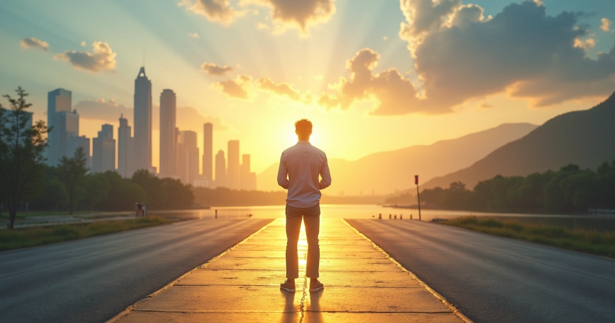 Pessoa em pé em bifurcação de caminhos ligando trabalho e missão de vida ao nascer do sol 