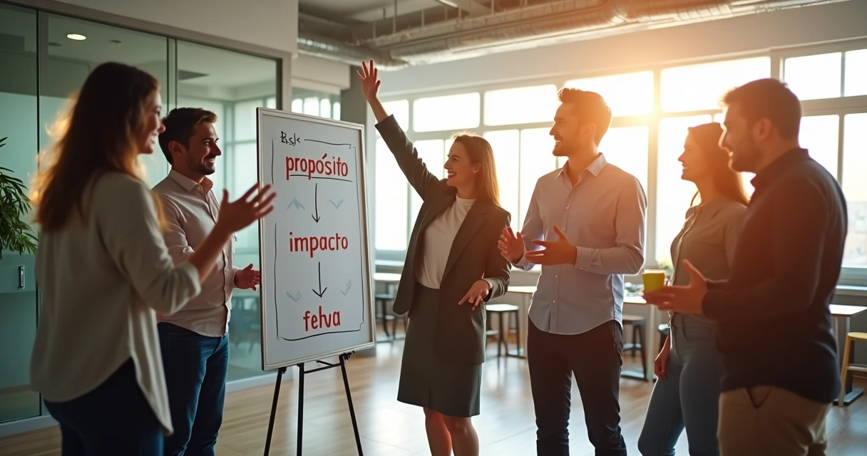 Equipo de trabajo sonriente revisando un tablero de metas y propósito 