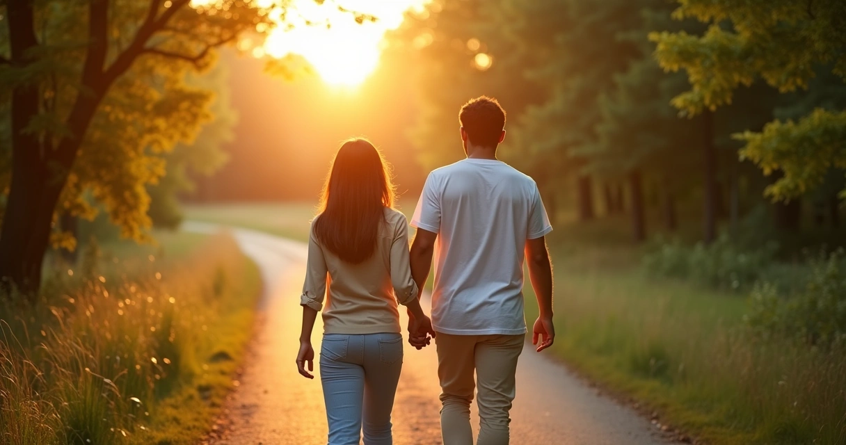 Pareja caminando de la mano hacia la luz en un camino rodeado de naturaleza 