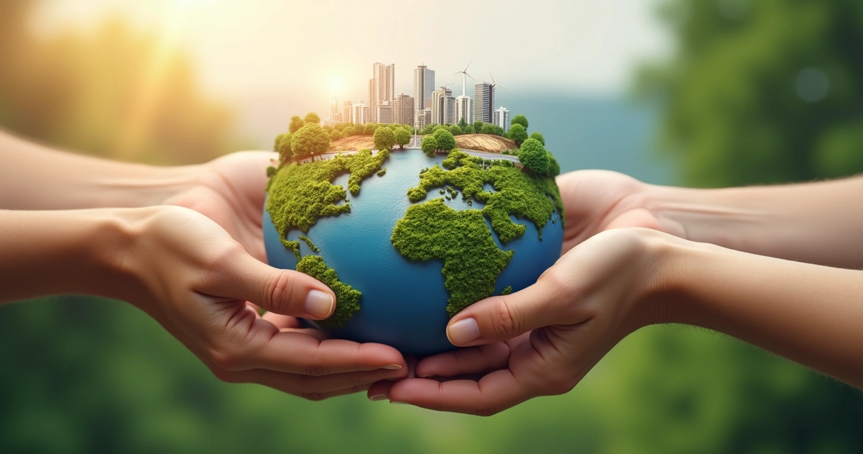 Mãos diversas segurando pequeno planeta com cidade e natureza 