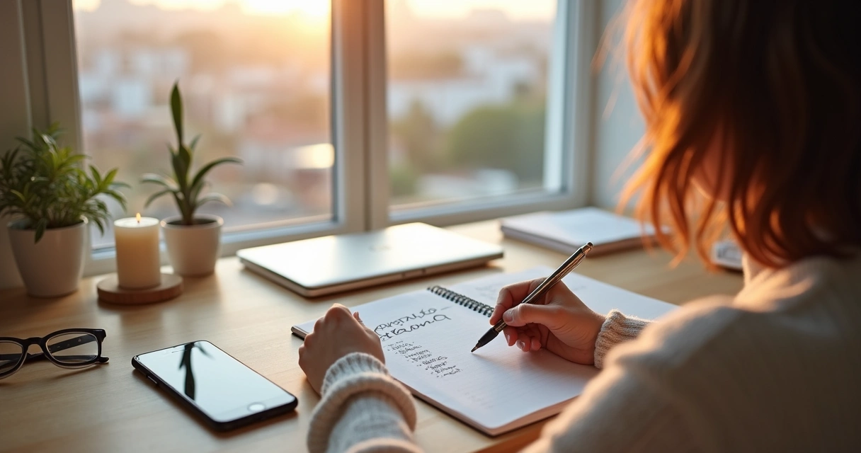Pessoa escrevendo plano de rotina alinhado a propósito em mesa de trabalho organizada 