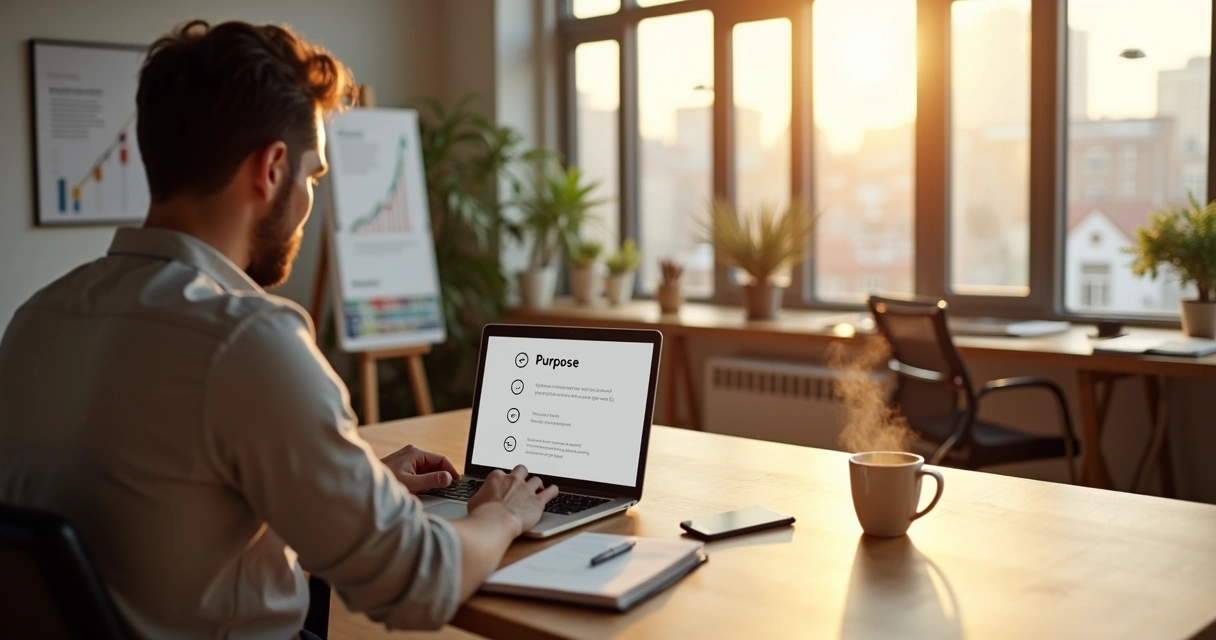 Profissional refletindo sobre propósito enquanto organiza sua rotina de trabalho 