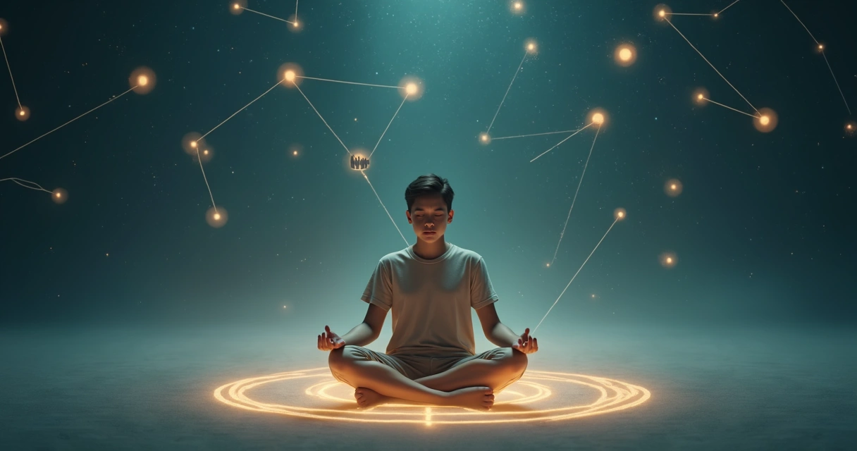 Persona meditando conectada con redes de sistemas interconectados 