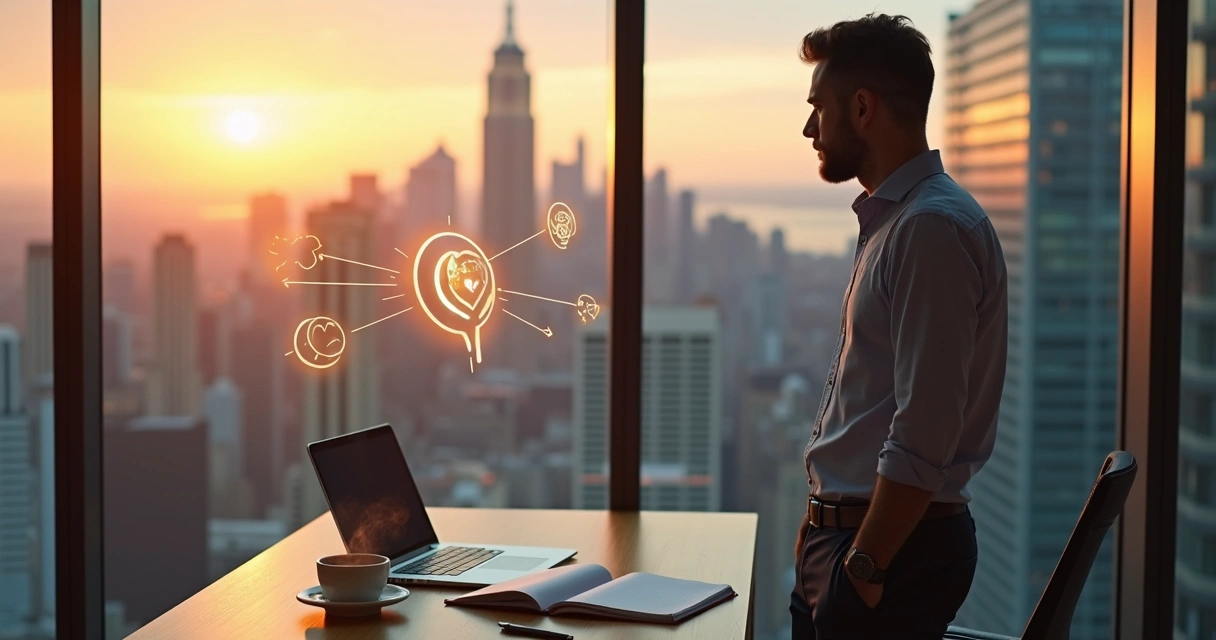 Profissional em um escritório observando uma cidade ao pôr do sol com ícones conectando coração e meta 