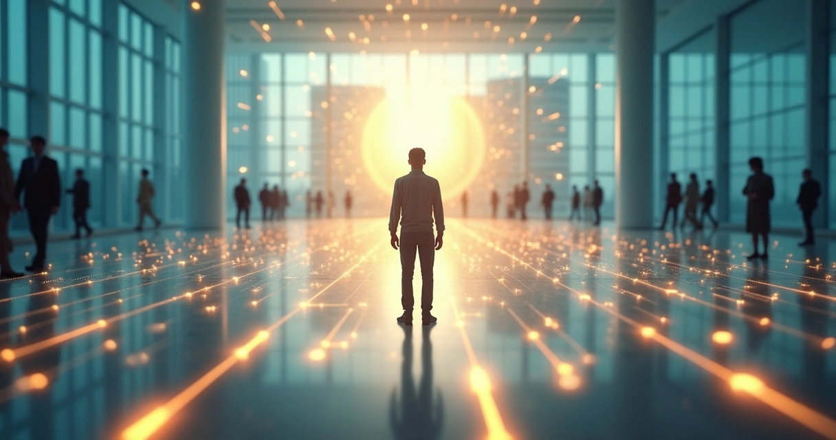 Pessoa em encruzilhada observando conexões entre sistemas e propósito 