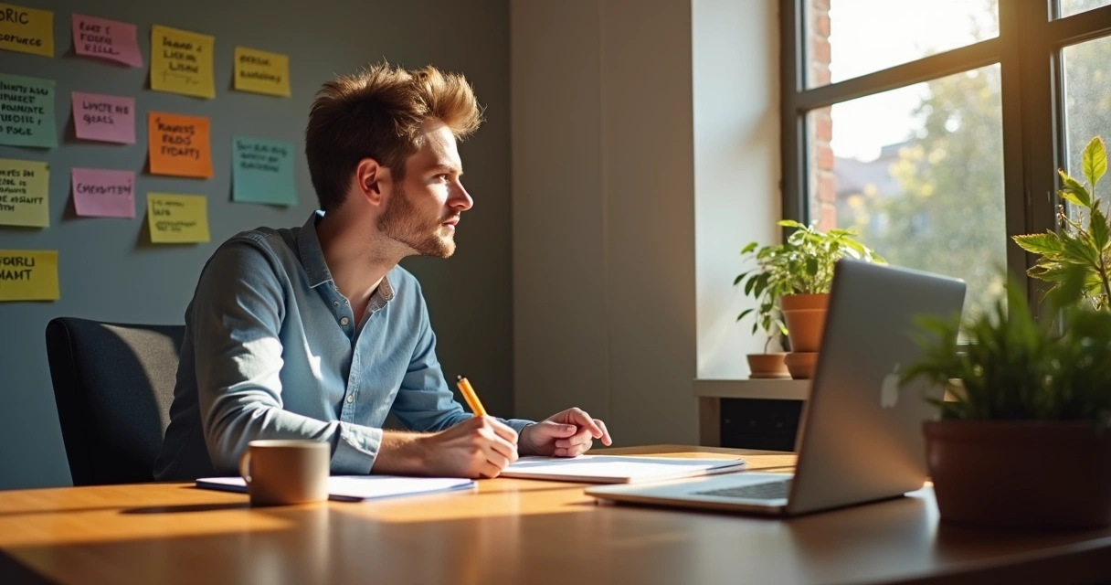 Profissional sentado à mesa, escrevendo em caderno, textos alinhando ideias em ambiente de trabalho