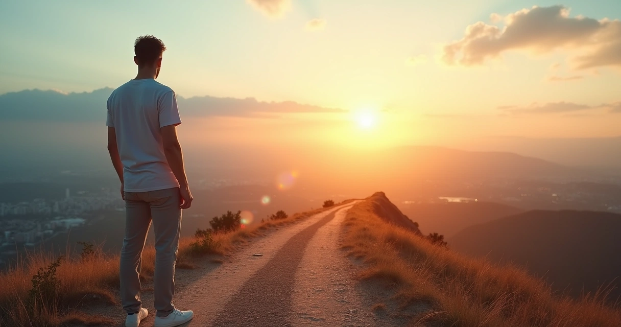 Pessoa em pé em encruzilhada observando um caminho iluminado ao amanhecer 