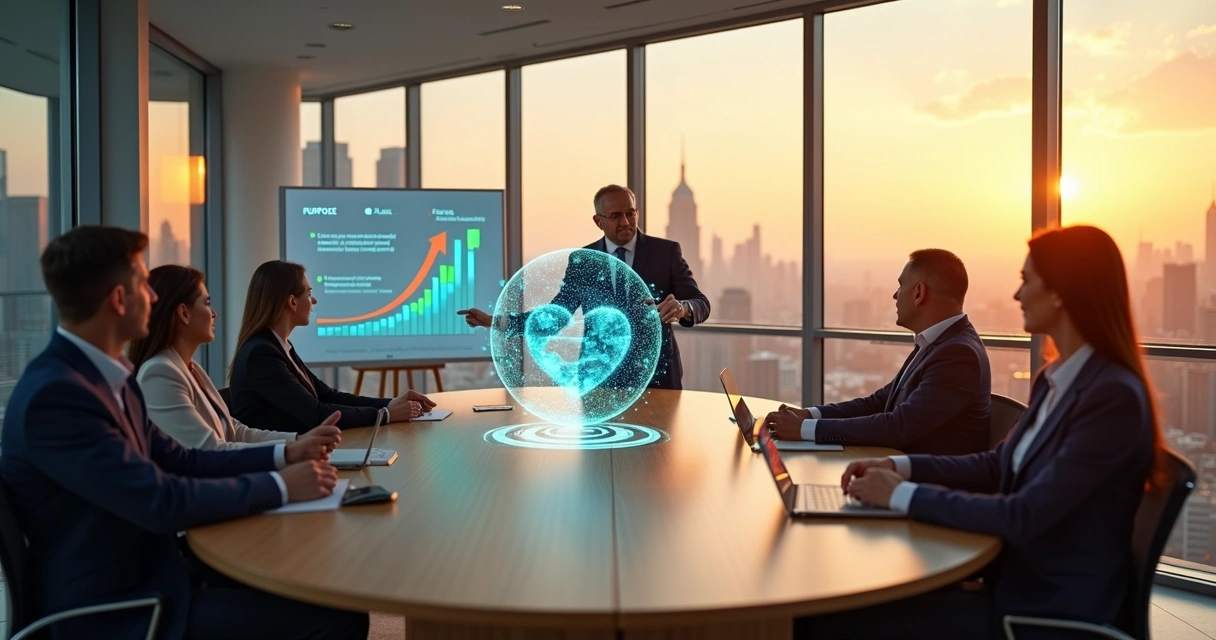 Líderes corporativos conectando propósito e valor em reunião estratégica 