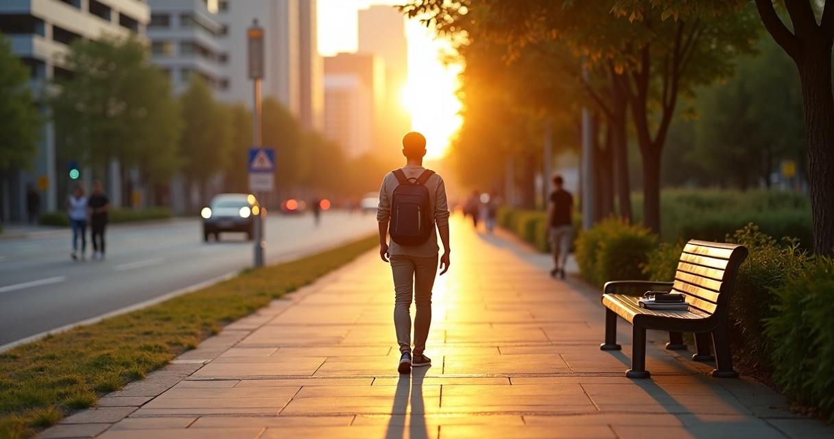 Pessoa caminhando em trilha urbana com luz ao fundo simbolizando propósito de vida 