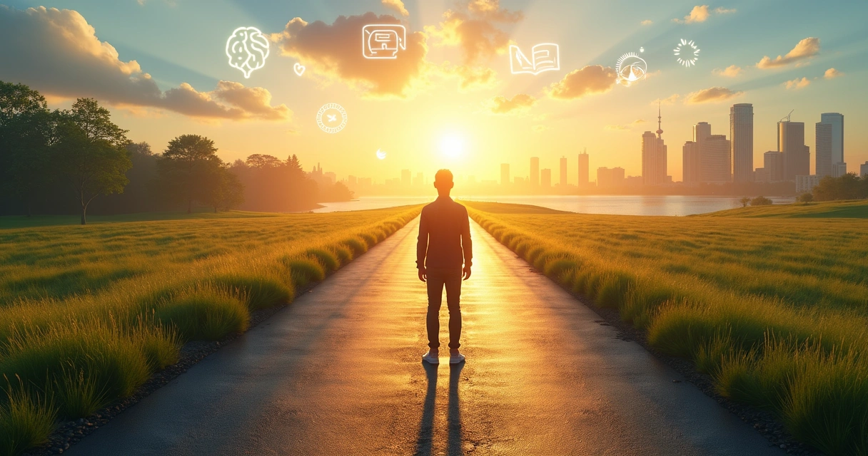 Profissional em pé em uma encruzilhada observando caminho que une propósito de vida e carreira 