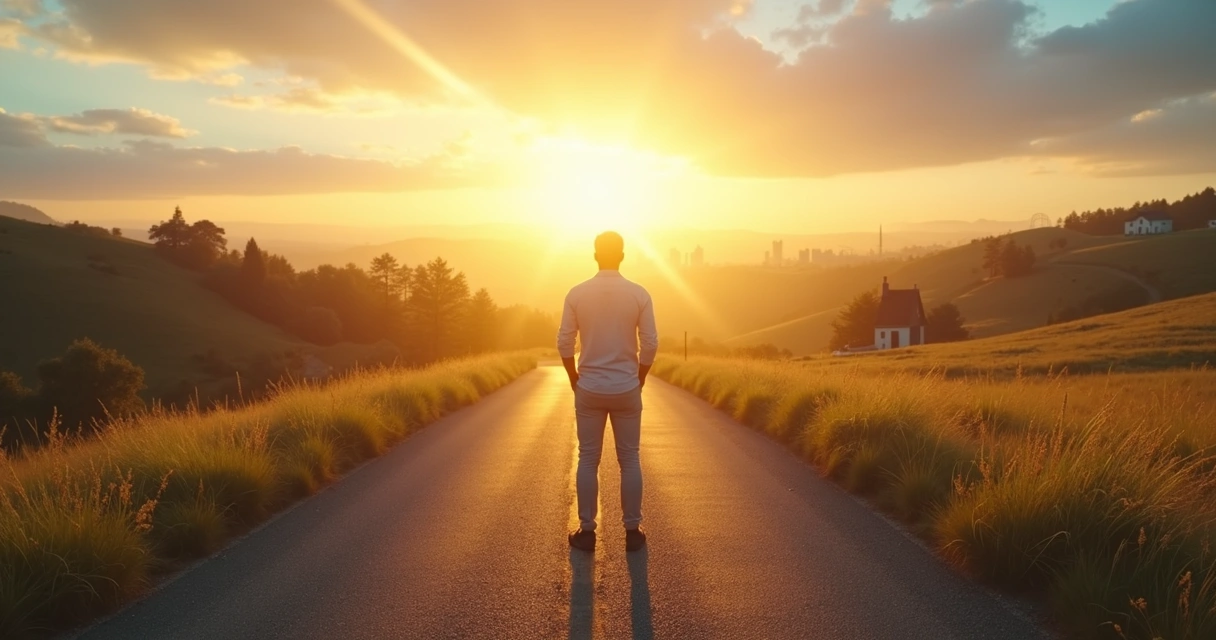 Pessoa em encruzilhada observando caminhos que representam vida e carreira 