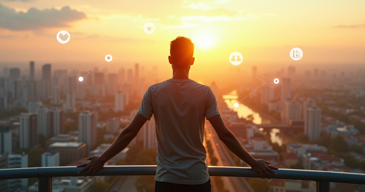 Pessoa em pé em um mirante urbano ao nascer do sol, olhando para a cidade com símbolos de conexão e impacto social ao redor 