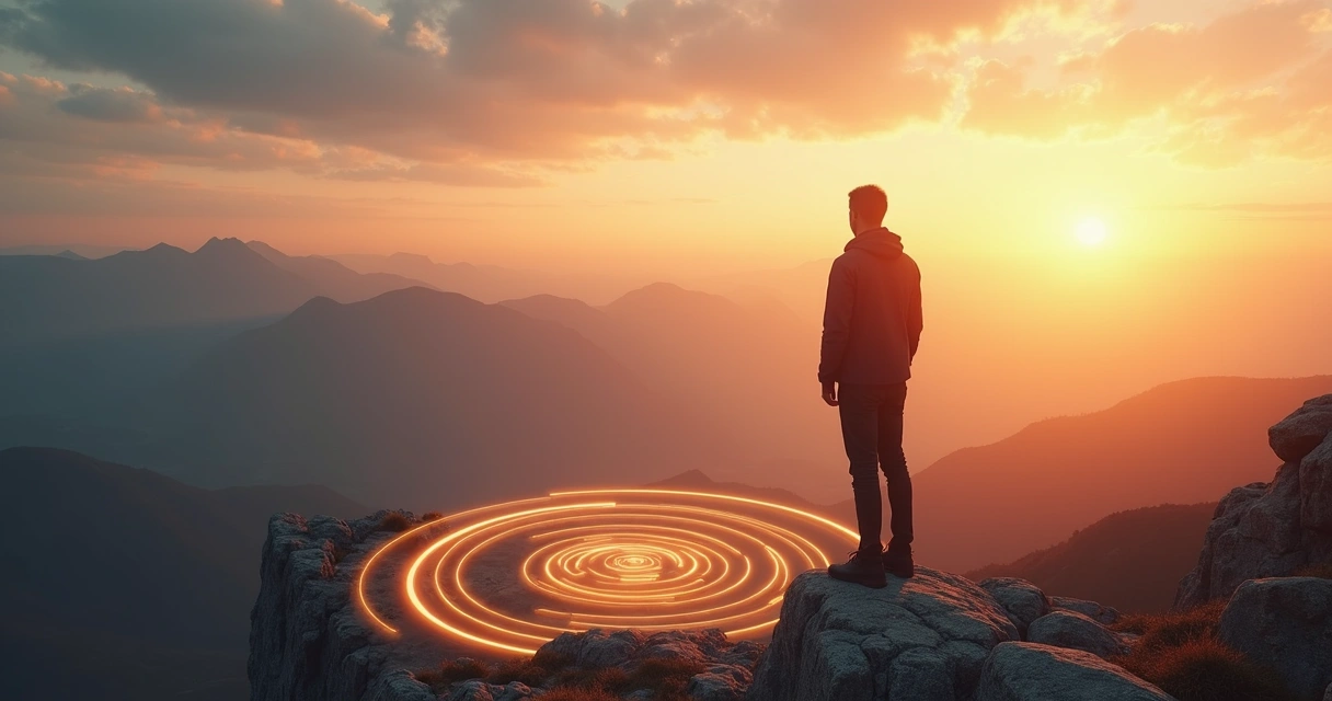 Pessoa em pé no topo de uma montanha diante de um caminho luminoso em forma de espiral 