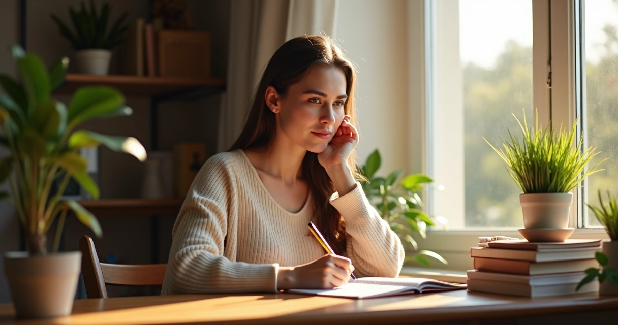 Mujer joven reflexionando mientras escribe en un cuaderno junto a una ventana 