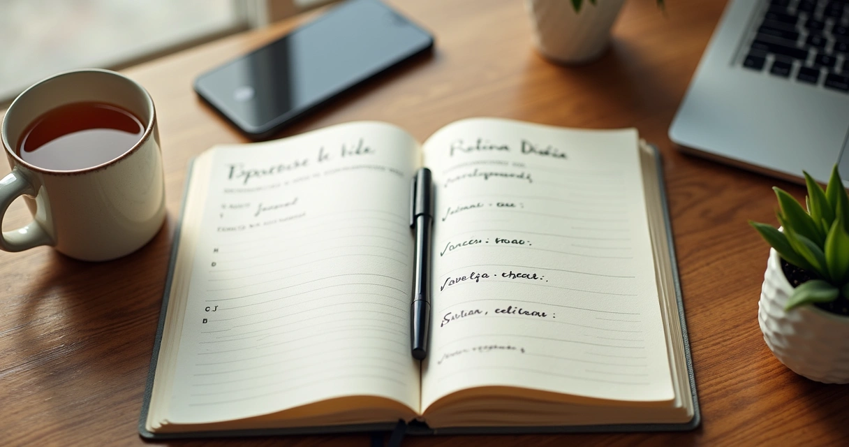 Pessoa escrevendo propósito de vida e rotina diária em um caderno sobre a mesa 