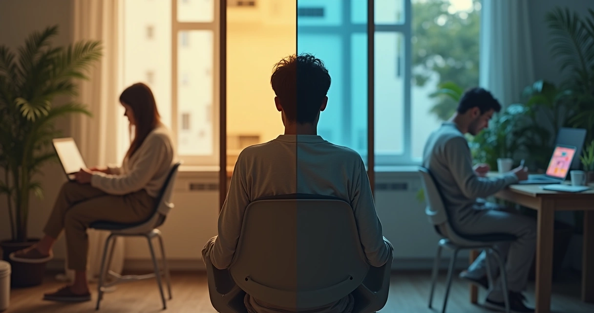 Persona mirando su reflejo dividido entre claridad y caos 