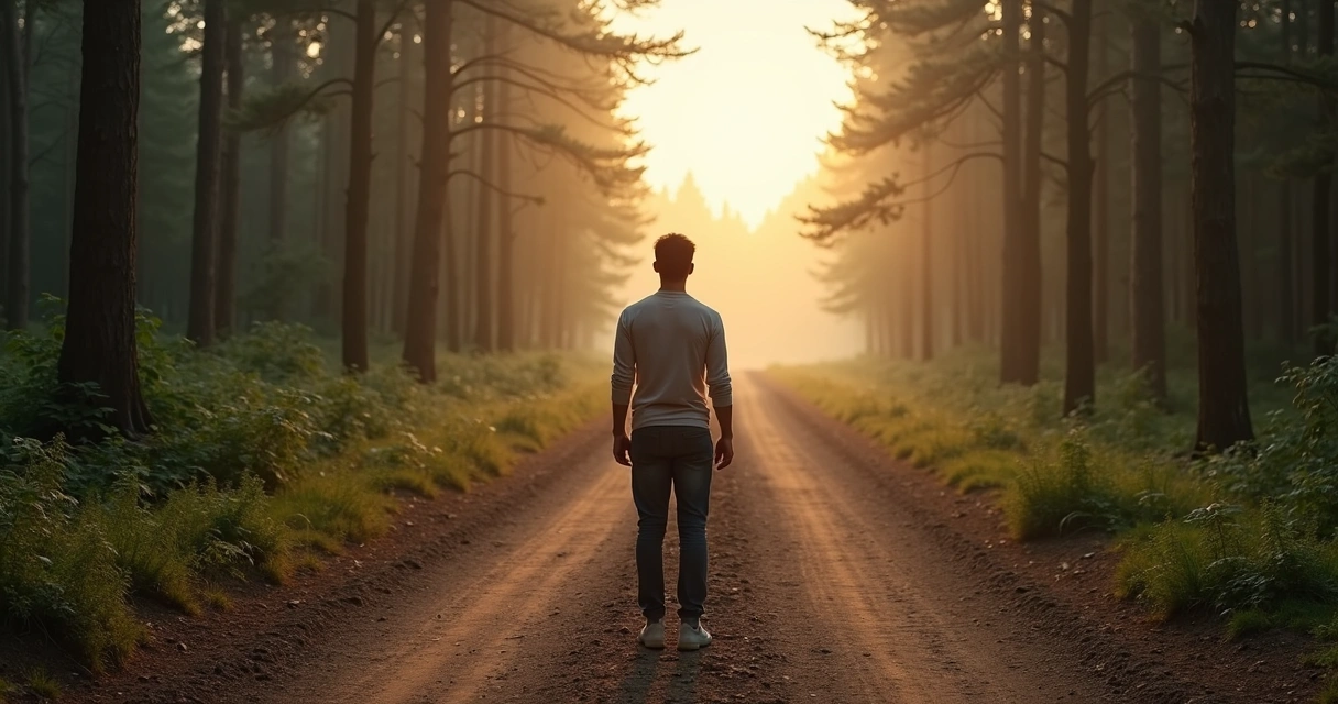 Pessoa em encruzilhada na floresta com um caminho reto e outro sinuoso em direção à luz 