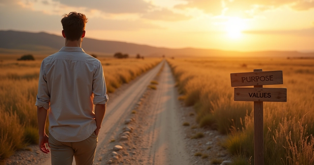 Persona caminando por un sendero con bifurcación entre propósito y valores 