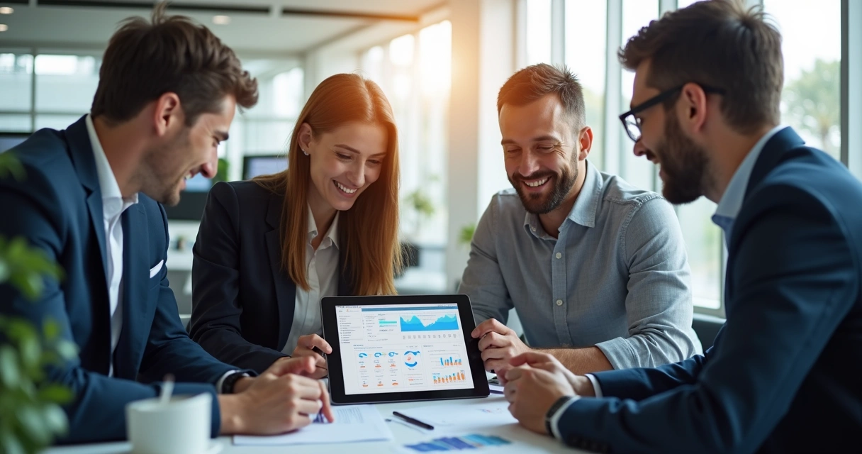 Equipe de vendas mostrando proposta digital a clientes B2B 
