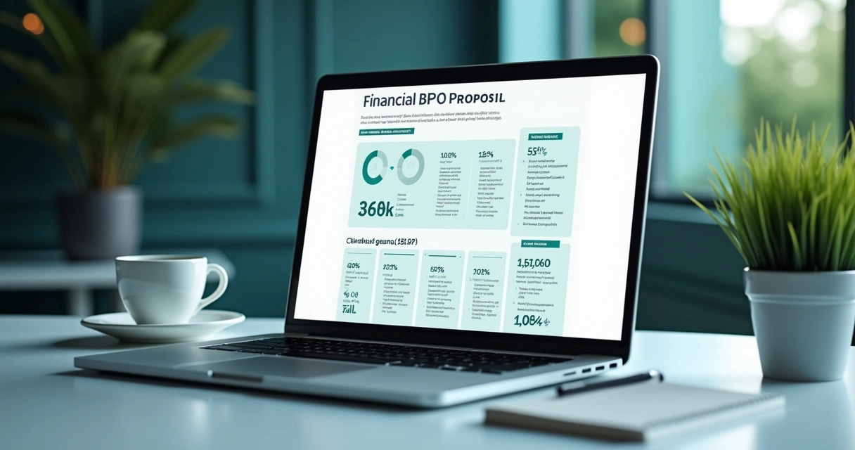 Tela de notebook aberta exibindo proposta de serviço BPO financeiro, com gráficos e listas de entregáveis. 