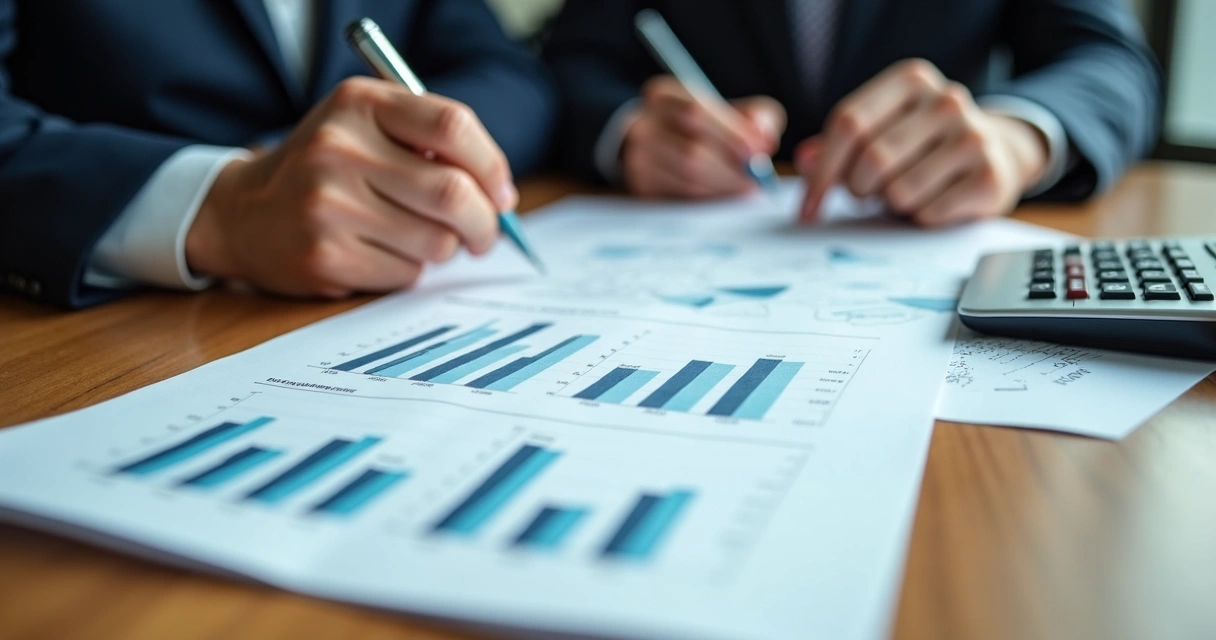 Documento de proposta financeira sobre uma mesa, destaque para gráficos coloridos. 