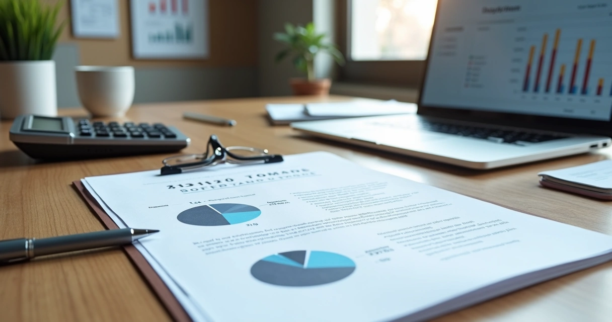 Documento de proposta comercial sobre mesa com calculadora e gráficos financeiros ao fundo 