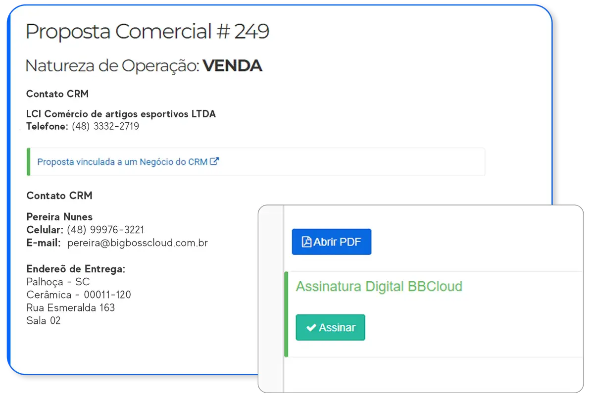 Trecho de proposta comercial digital com dados de contato e local de entrega, e botão para assinatura digital BBCCloud