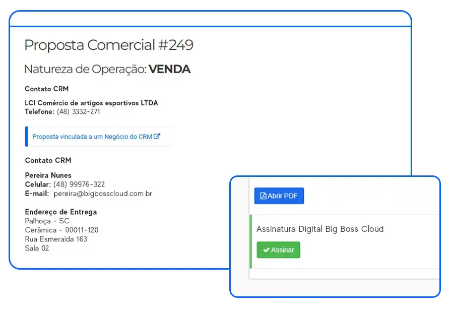 Tela de proposta comercial do Big Boss Cloud com dados de contato e opção de assinatura digital.