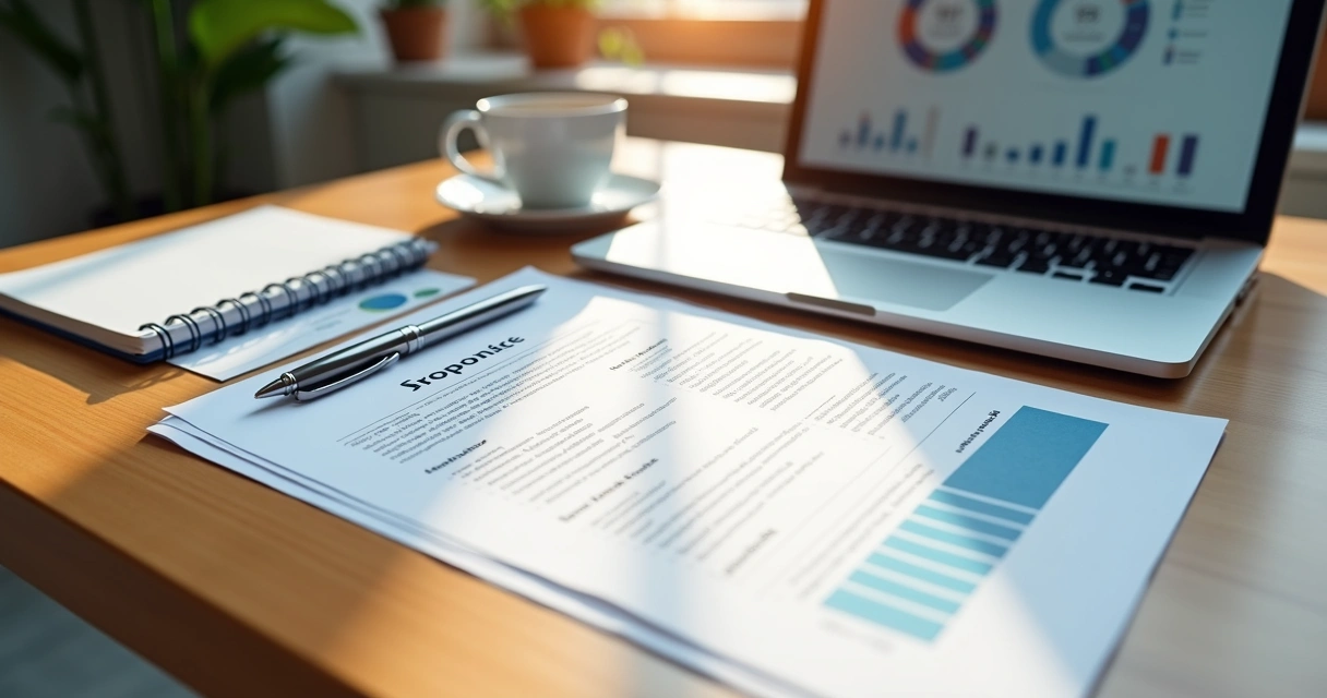 Documento de proposta comercial contábil sobre mesa com caneta, laptop e café ao lado 