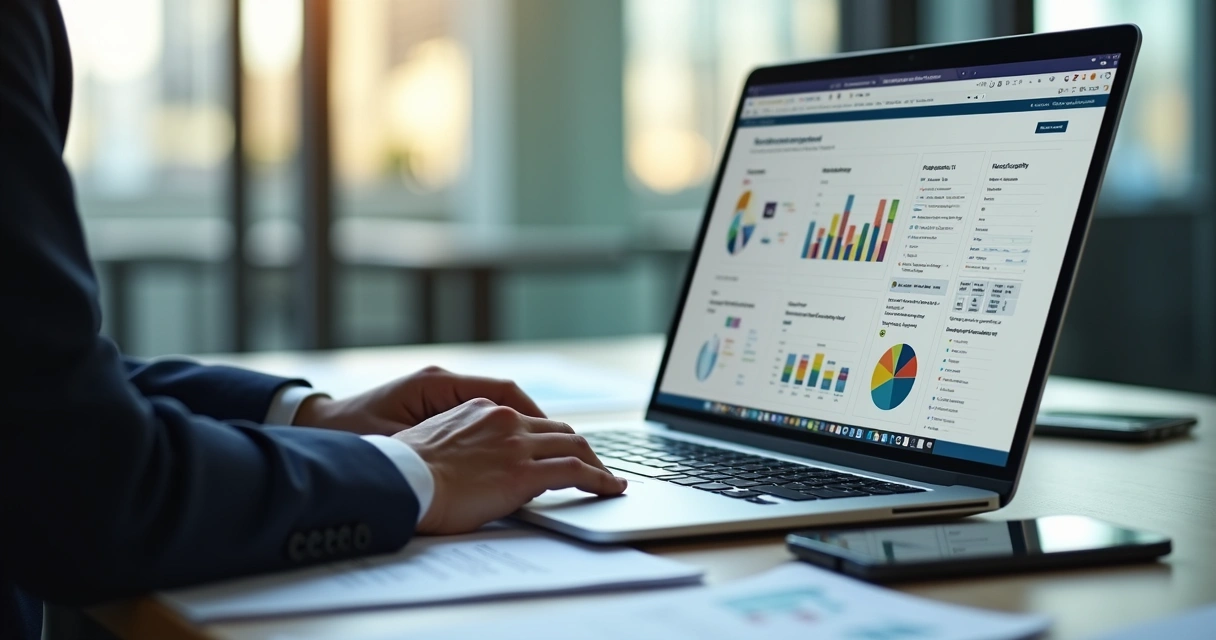 Documento de proposta comercial com gráficos e dados na tela de notebook 