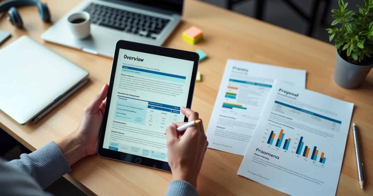 Pessoa revisando proposta comercial em tablet sobre mesa de trabalho 